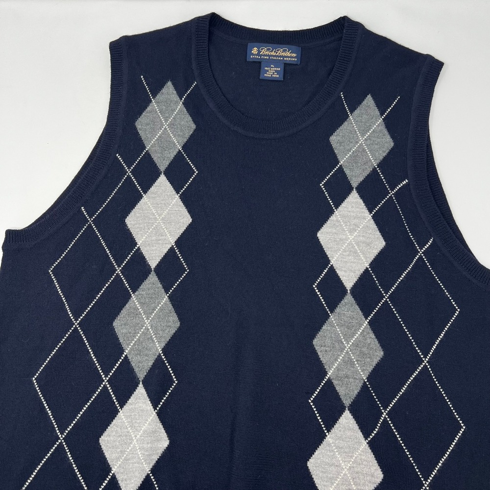 Brooks Brothers Mens XL Merino Wool Argyle Sweater Vest Navy Blue Gray